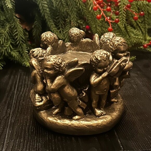 Antique Ornate Cherubs Angel Playing Instruments Candle Holder - Picture 8 of 12